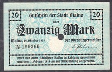 Mainz -Stadt- Notgeldschein zu 20 Mark vom 16.10.1918