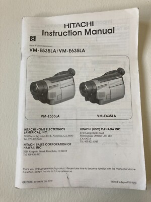 Hitachi 8mm Video Camcorder VM-E110A / VM-E310A Instruction Manual Only
