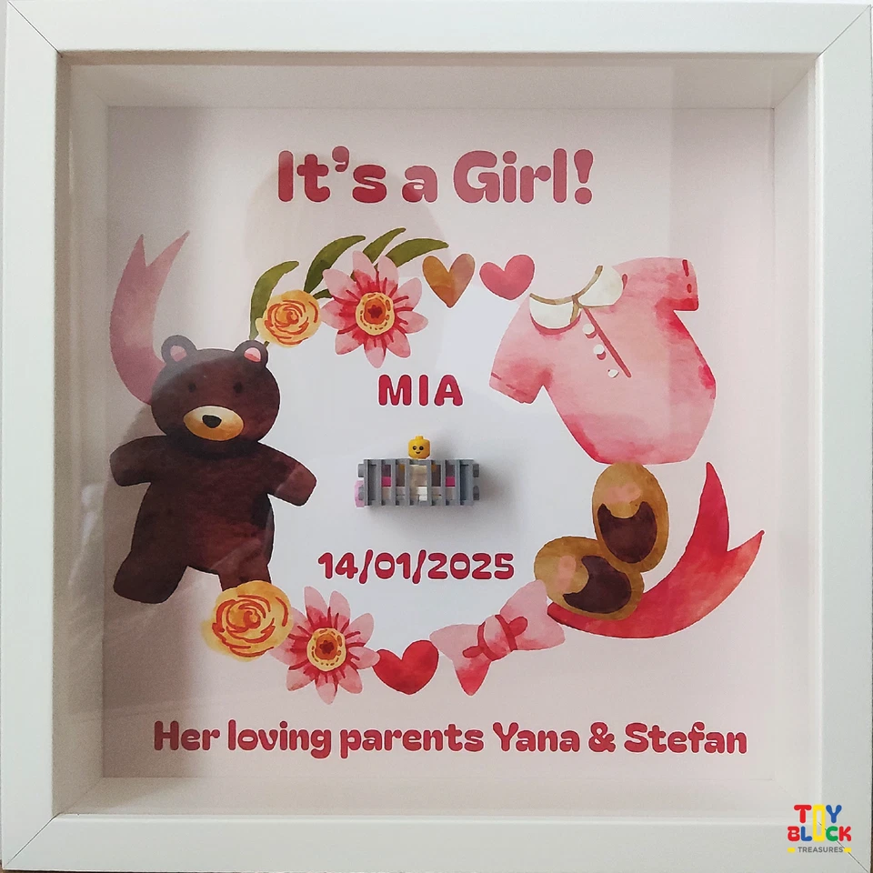 Marco de nacimiento de bebé personalizado - Arte de pared unisex para guardería con minifigura personalizada Foto 2 de 4