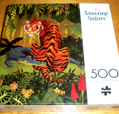 Jigsaw Puzzle 500 Pcs Tiger Crocodile Jungle Palm Trees Flowers Ferns Nature NEW