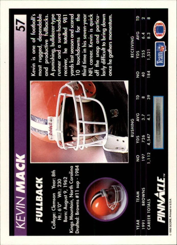 1992 Pinnacle #57 Kevin Mack - NM - Image 2 of 2