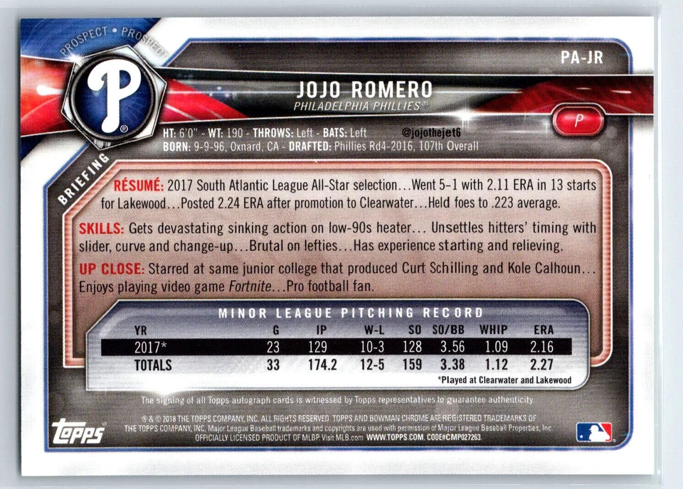 2018 Bowman Jojo Romero 1st Bowman Rookie Auto Green Parallel #/99 RC - Image 2 of 2