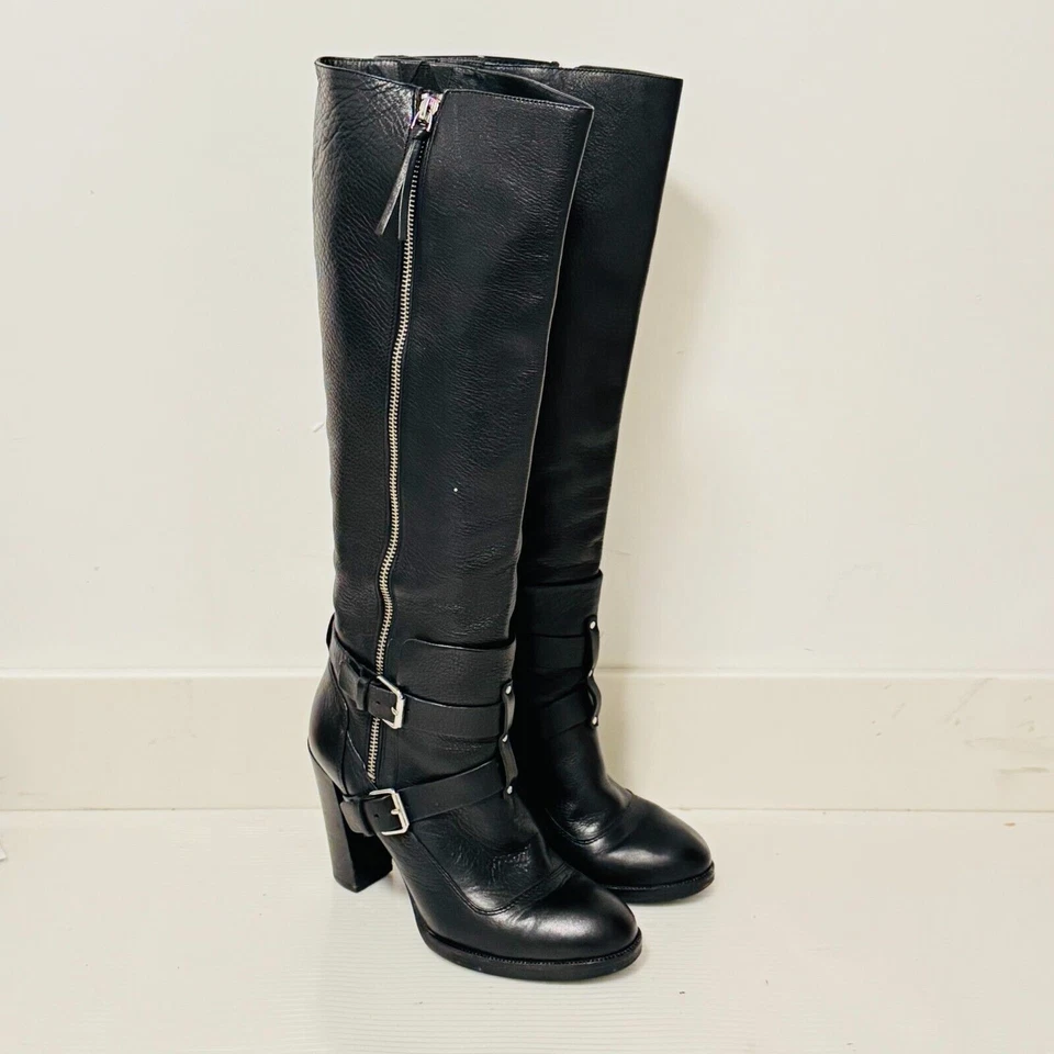 Rebecca Minkoff 靴子女式 8.5 黑色皮革摩托双扣高跟鞋 Billie — 第 2/4 张图片