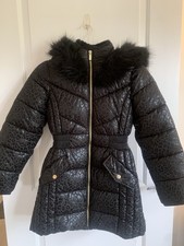 Matalan Girls Black Leopard Print Warm Cosy Fur Lined Puffer Coat Age 12