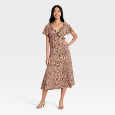A New Day Women's Short Flutter Sleeve V-Neck Midi Dress - Brown