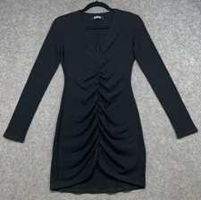 Reformation Raven Ruched Ribbed Dress Womens S Black Mini Long Sleeve Knit