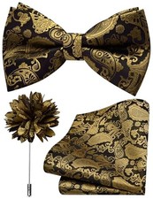 Branduce Paisley Pre-tied Bow Tie and Pocket Square Lapel Pin Set Black Gold
