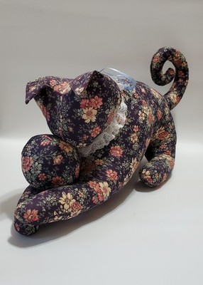 Handmade Country Kitty Cat Plush, Ball & Lace Collar, 7x19, Floral Design Fabric