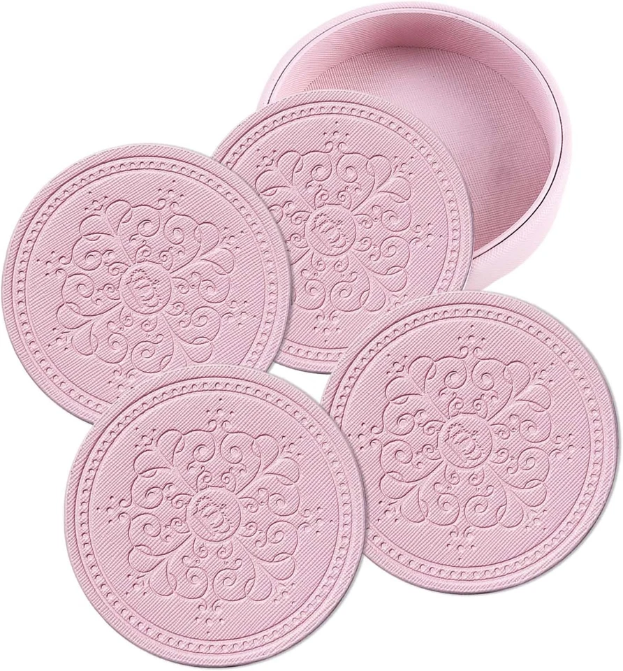 Set Di 4 Sottobicchieri Rotondi in Pelle PU per Bevande Con Supporto, Rosa Fatti - Immagine 4 di 4