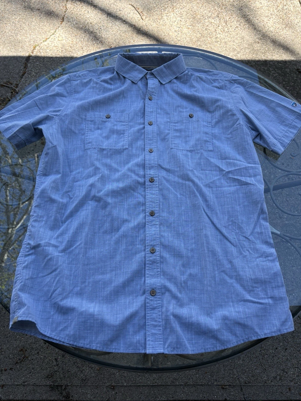 KUHL Blue White Plaid Tall Fit Short Sleeve Shirt Mens L Hiking Outdoors Camping