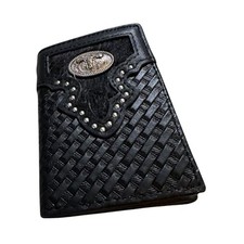 Western Stakes Mens Leather Tri Fold Wallet Basketweave Custom Cowboy Concho Cow