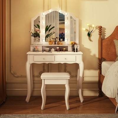 Makeup Vanity Set W/ Tri-Fold Mirror & LED Lights 4 Drawers Open Shelf