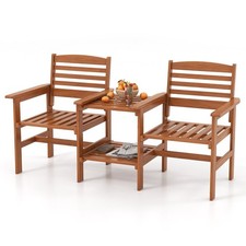 2 Seater Acacia Wood Garden Bench Set with Side Table and Umbrella Hole