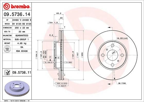 Disque de frein Brembo 09.5736.11 avant ventilé pour Toyota