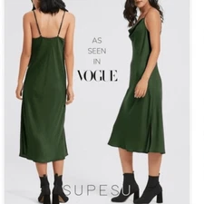 SUPESU Satin Midi Slip Dress Adjustable Spaghetti Strap, Green, Size XS, NWT