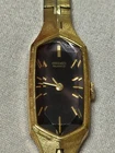 Vintage Womens Seiko 1320-5339 R Black Dial Gold Watch Faceted Crystal Works