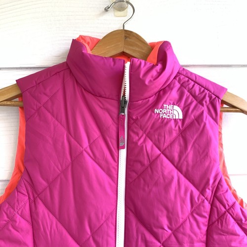 The North Face Reversible Puff Vest Pink Orange Girls Sz L 14/16 Logo Pockets - Picture 5 of 12