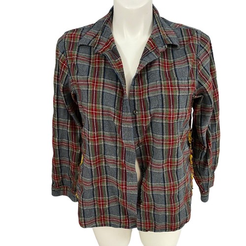 Upcycled Flannel Shirt Womens XL Shacket Peace Love Beach Gray Country Grunge - Picture 2 of 18