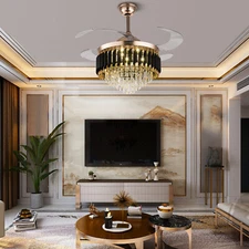 Crystal LED Ceiling Fan Light Chandelier Retractable Blades w/Remote Control 42"