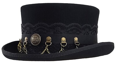Victorian Steampunk Top Hat - 100% Wool With Leather Band & Chain | Western Costume Accessory
