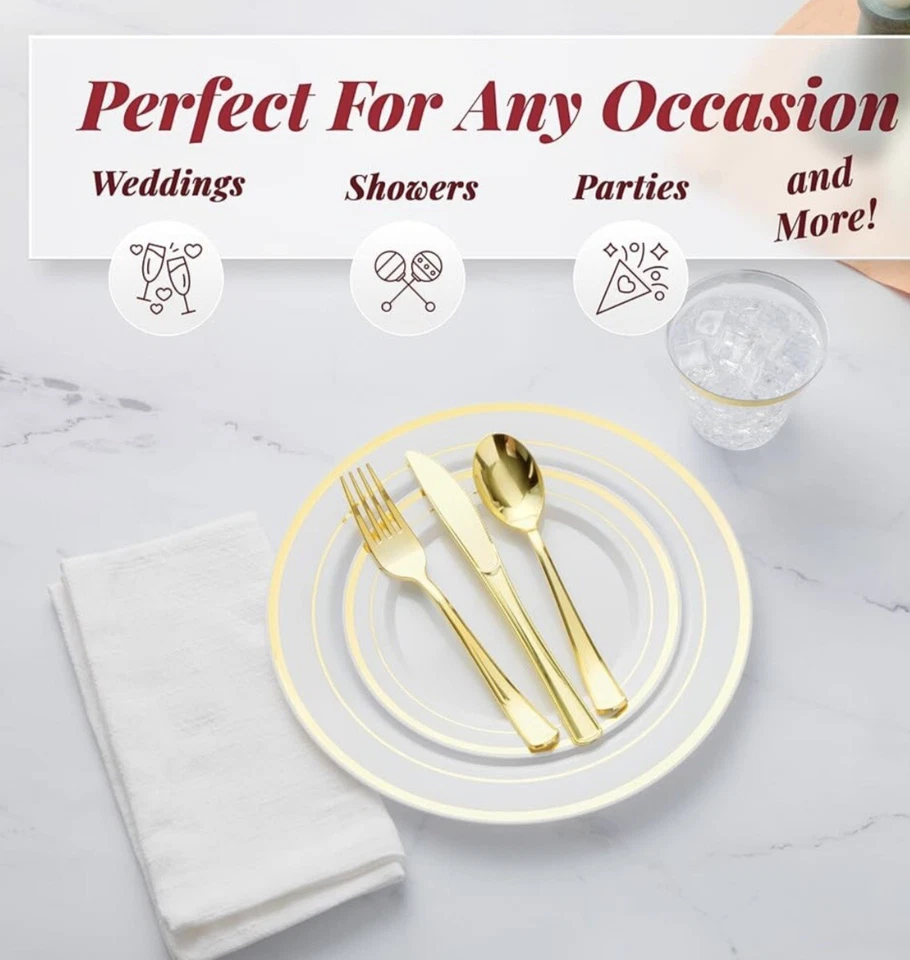 Juego de vajilla de fiesta desechable Prestee 600 piezas para 100 invitados - dorado Foto 3 de 4