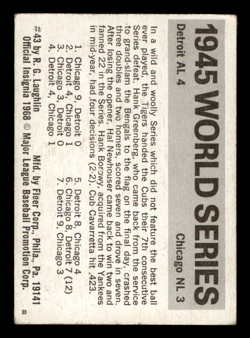 ⭐️ 1971 Fleer World Series Baseball #43 1945 Tigers vs. Cubs GD