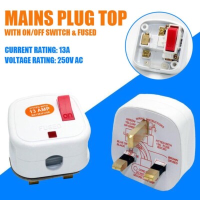 MAINS 13A SWITCH PLUG ON OFF 3 PIN FUSE UK PLUG TOP WITH NEON LIGHT ...