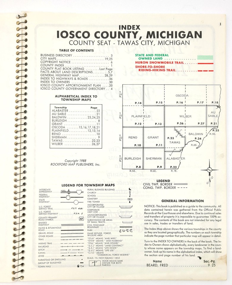 1988 Iosco County, Michigan, Land Atlas and Plat Book Property