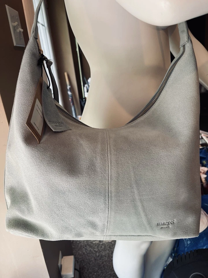 Margot New York 手袋皮革麂皮绒淡绿色 14 英寸 X13 英寸 Gabi Maxi 水饺包全新带标签 — 第 3/4 张图片