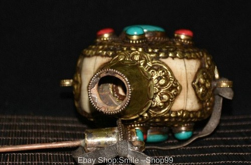 7'' Old Tibet Pure Bronze Inlay Turquoise Flower Flowers Snuff Bottle Vintage - Picture 8 of 9