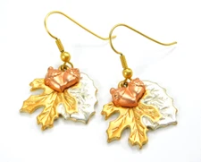 Vintage SFJ Signed Tri-Color Metal Autumn Leaves & Acorns Pierced Earrings 1.5"