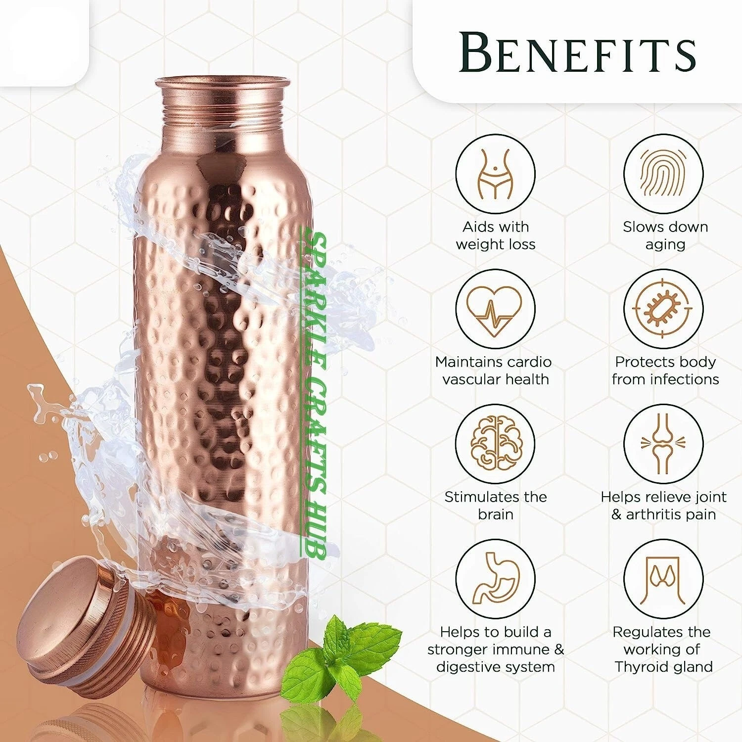 Pure Copper Bottle, Copper Pitcher Health Benefits Drinkware Leak Proof 32 Oz
Opens in a new window 