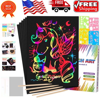 Rainbow Scratch Art Set - 60 Scratch Papers, Stencils & Wooden Tools for Kids