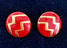 Orecchini Vintage Monet Stile Modernista Smalto Rosso e Tono Oro Lucido Clip On