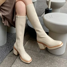 Women Knee High Boots Faux Leather Block Heels Boots Stretchy Side Zip Shoes