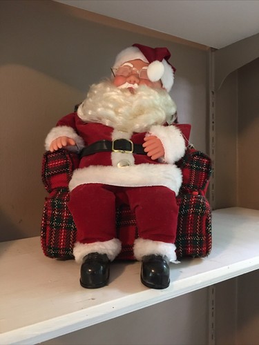 Vintage Gemmy schnarchender Weihnachtsmann im Sessel animierte Nordpol-Produktionen mit Box