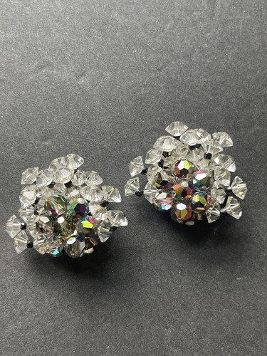 Vintage Crystal AB Clear Smoky Brooch Pin And Earring Retro Clip Earring Set - Picture 5 of 6