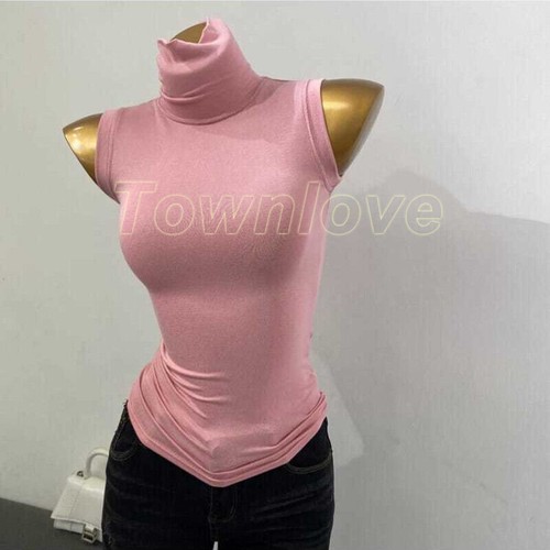 Women Sleeveless Turtleneck Vest Slim Thin Crop Top Tee Ribbed Tank T-Shirts Top - Picture 8 of 14