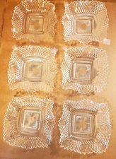 6 Vintage Indiana Glass Clear Diamond Point Ruffled Candy Bowl Trinket Dishes