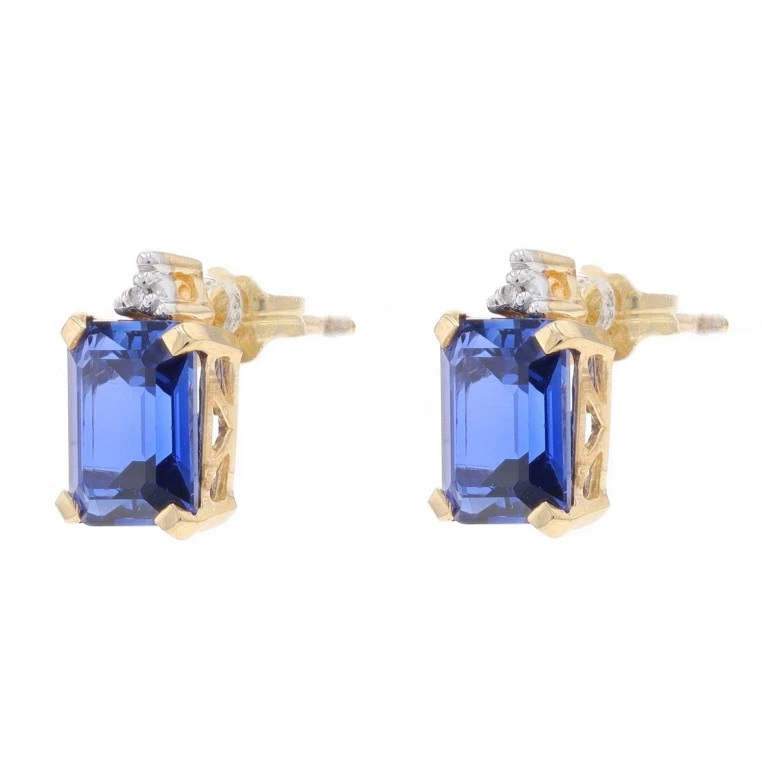 Yellow Gold Lab-Created Sapphire Diamond Stud Earrings - 10k Emerald 3.52ctw - Image 2 of 4
