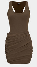 Ruched Sleeveless Tank Top Mini Dress With Accent Fabric - Coffee