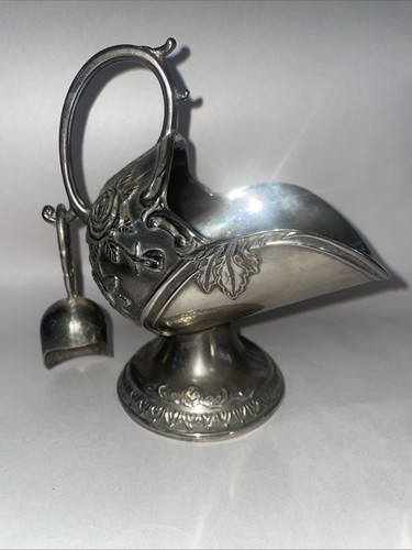 VTG Mid 20th Century Embossed Silver Plate Sugar Bowl Scuttle With Scoop 13cm