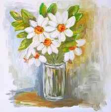 White Daisies Flowers Painting Sign Nature Original Landscape Oil on Canvas