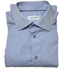 235 Eton Dress Shirt 15.5 34 Sleeve Mens Contemporary Fit Blue White Gingham