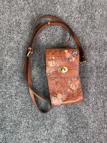 Patricia Nash RIVELLA   Leather Crossbody Bag Phone Case Brown  Map Floral
