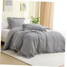 Gingham Plaid Ruffle 3-Piece Duvet Cover Set Size  100 King Black/White