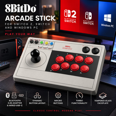 8BitDo Arcade Stick Gray Switch 2 Switch PC Bluetooth 2.4G USB-C Turbo Macro