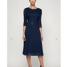 Alex Evening Navy Blue Sequin Lace Chiffon Midi Special Occasion Dress Size 14