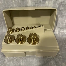 Vintage OHAUS Sto-A-Weigh BRASS Calibration 12 Weight Set 1g-500g CASE & BOX 212