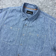 Orvis Shirt Mens XL Blue Tech Chambray Short Sleeve Work Button Up Trout Bum